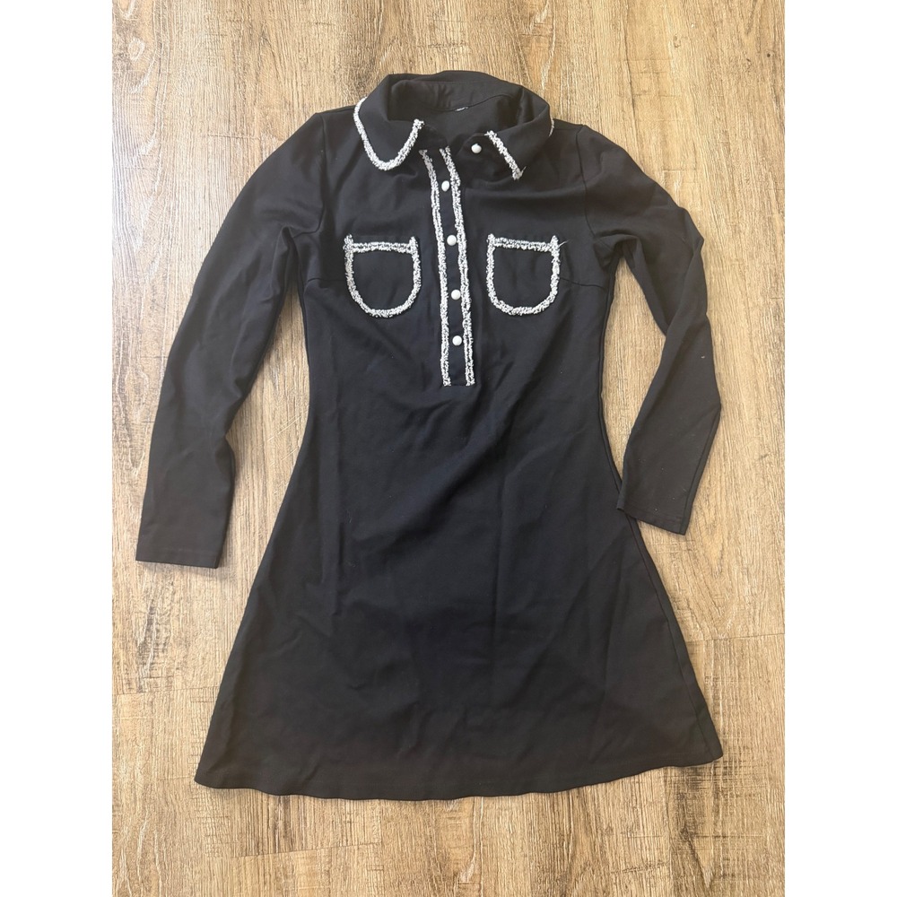 Kaimi Black Long Sleeve Mini Dress Medium Mod Contrast Trim Button Front Collar